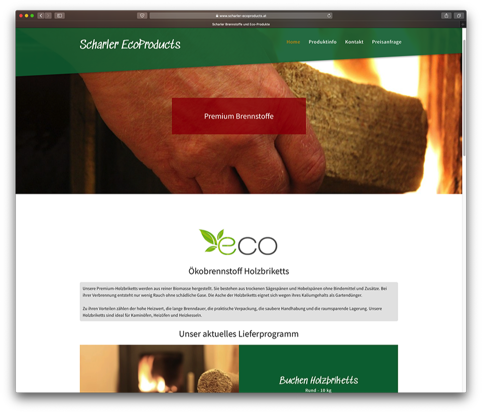 Homepage Design Scharler Brennstoffe und Eco Produkte